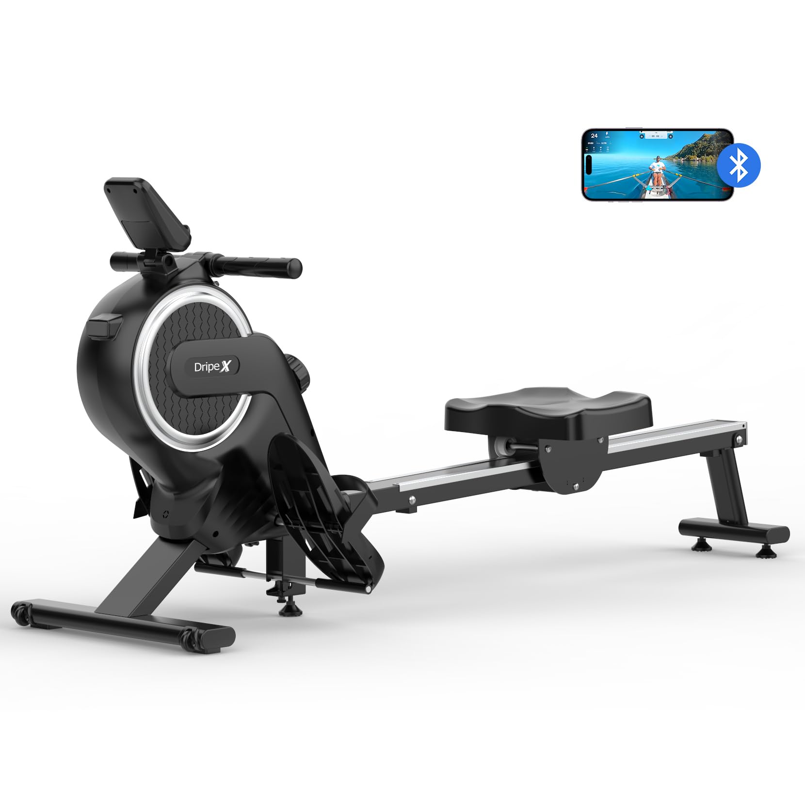Dripex Magnetisches Rudergerät mit Aluminium-Gleitschiene, 16 Stufen einstellbarem Widerstand, maximale Gewichtskapazität von 265 Pfund für das Heim-Fitnessstudio, App/LCD-Monitor (Bluetooth)