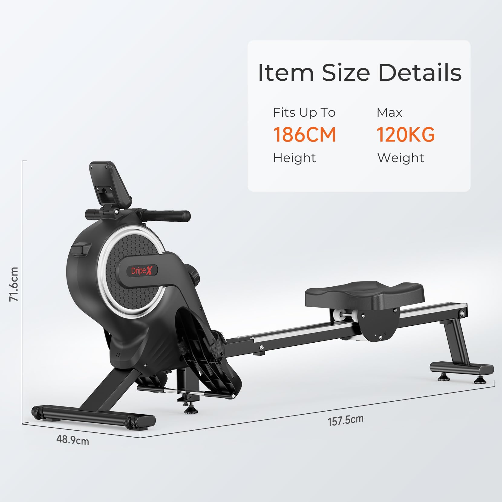Dripex Magnetisches Rudergerät mit Aluminium-Gleitschiene, 16 Stufen einstellbarem Widerstand, maximale Gewichtskapazität von 265 Pfund für das Heim-Fitnessstudio, App/LCD-Monitor (Bluetooth)