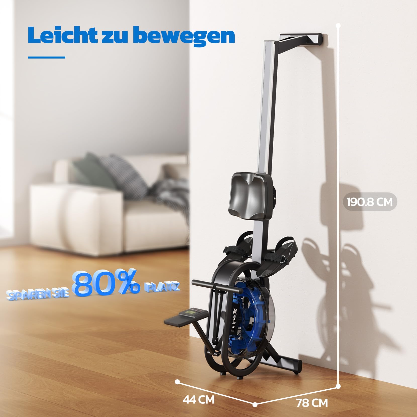 Dripex Rudergerät für Zuhause, Wasserrudergerät Gewichtskapazität 150 KG, Unterstützt Bluetooth-App, LCD-Monitor und Tablet-Halterung für Ganzkörpertraining