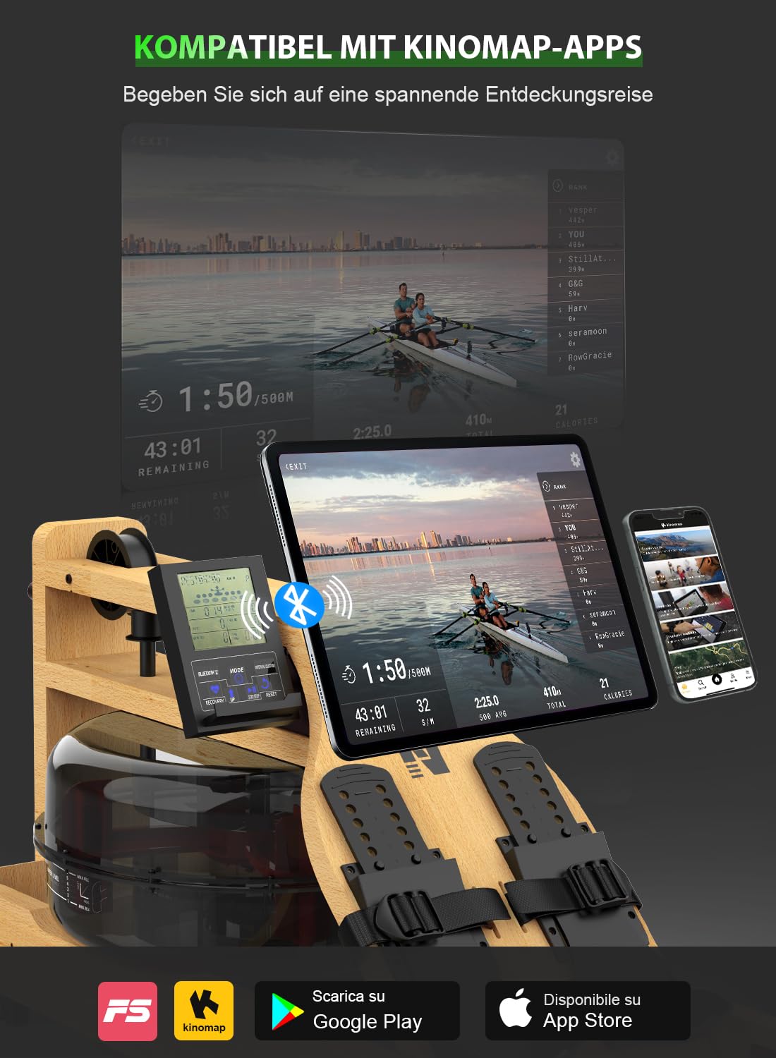 Neezee Rudergerät für Zuhause, Klappbar Rudergerät Wasser aus Massivholz mit Bluetooth-Monitor und Tablet-Halterung, Max 200kg Belastbar, Platzsparend