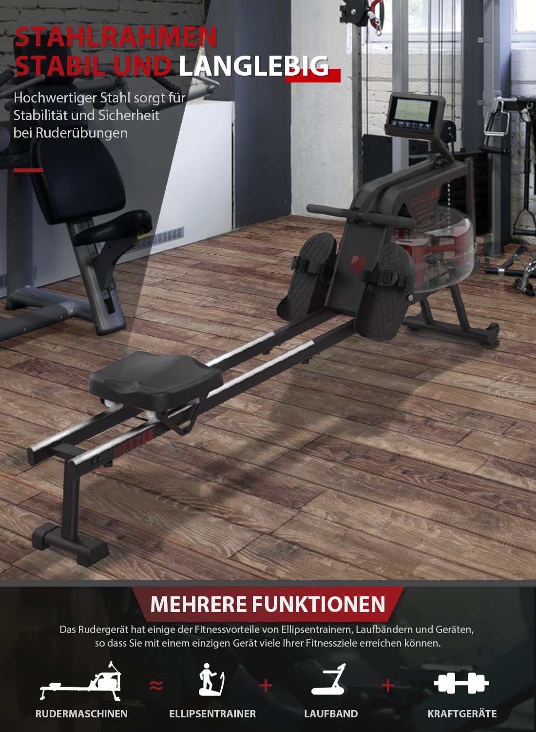 Neezee Rudergerät, Rudergerät für zuhause mit Aluminium Schiene, Rudergerät Wasser mit Tabletständer, Wasserwiderstand und LCD Display Rudermaschine, Gray-Black