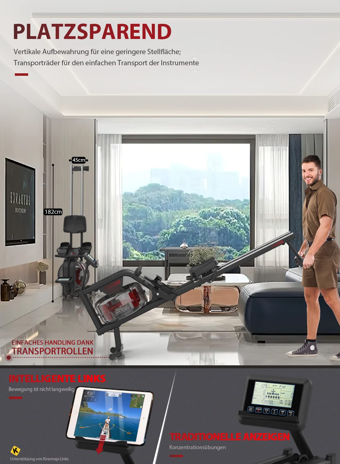 Neezee Rudergerät, Rudergerät für zuhause mit Aluminium Schiene, Rudergerät Wasser mit Tabletständer, Wasserwiderstand und LCD Display Rudermaschine, Gray-Black