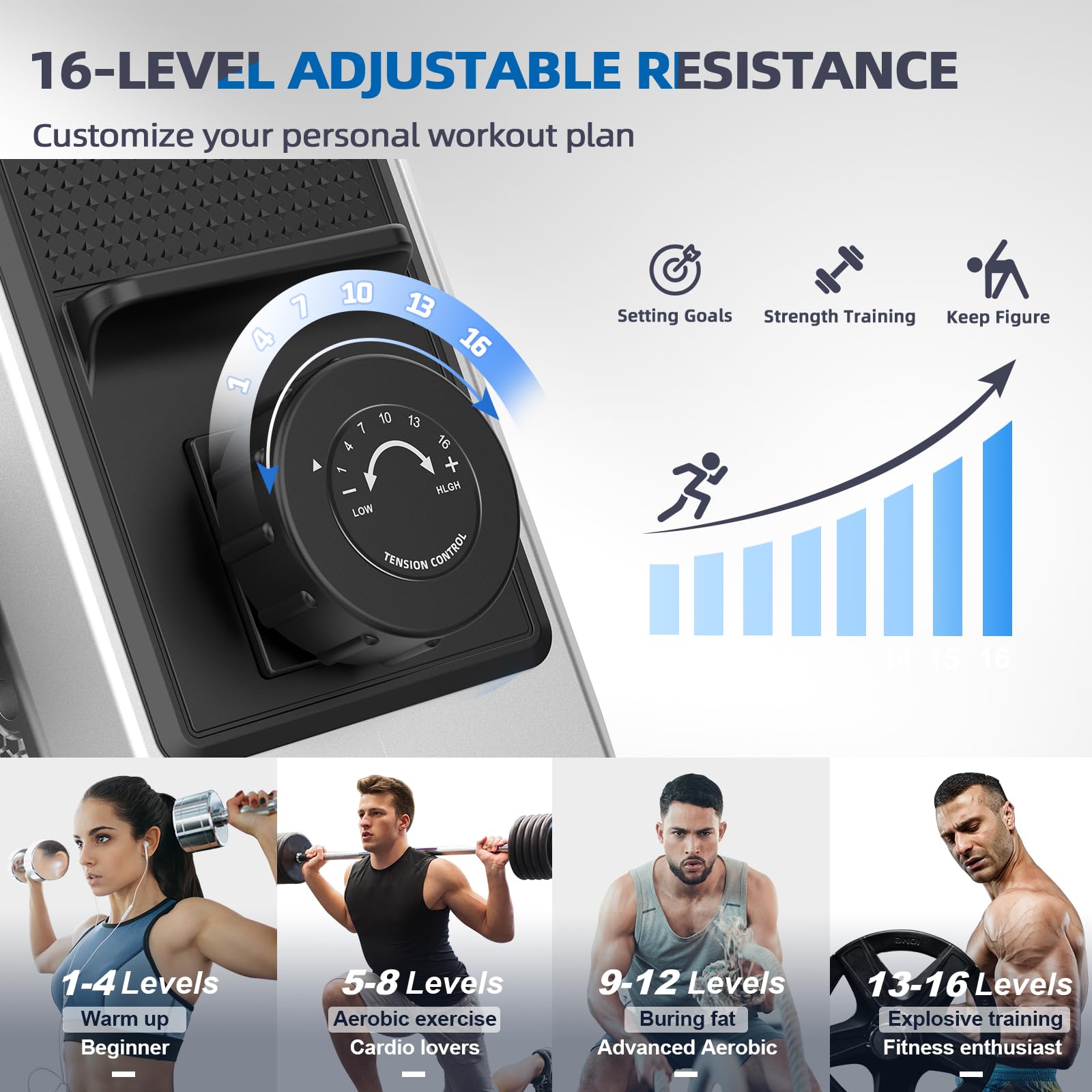 Neezee Rudergerät für zuhause, Super Silent Rudergerät mit 16-stufigem Magnetwiderstand, LCD-Display, Gleitschiene aus Aluminium, Vertikale Lagerung, Transporträder für Einfache Bewegung, Silber