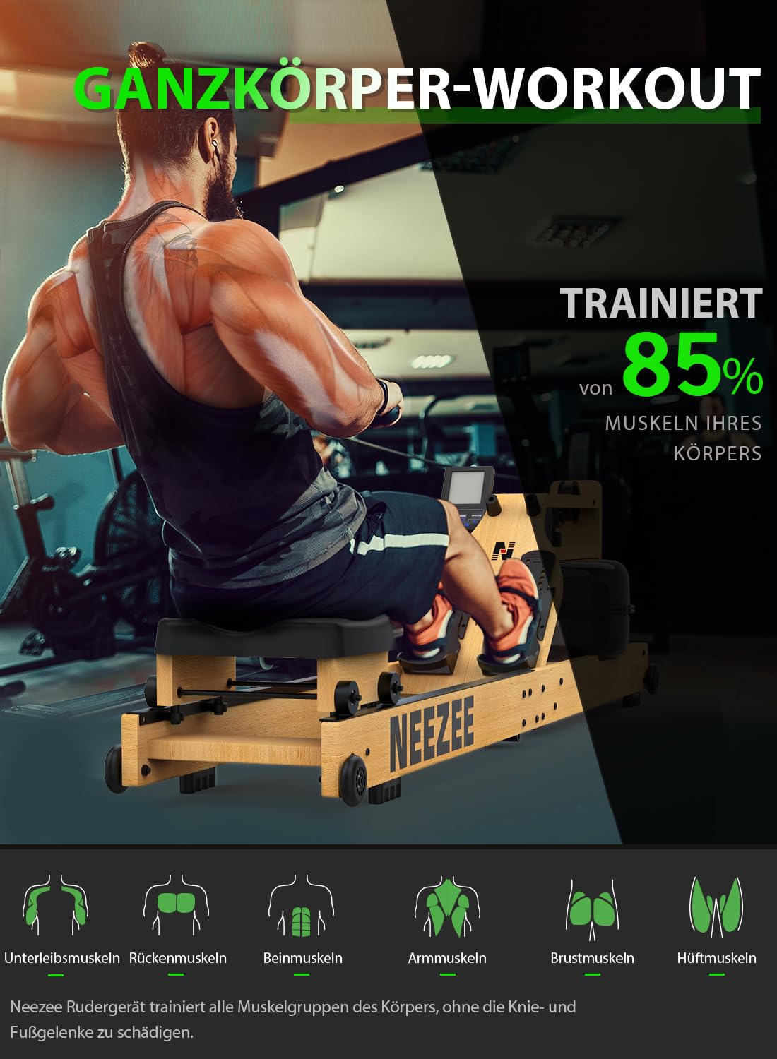 Neezee Rudergerät für Zuhause, Klappbar Rudergerät Wasser aus Massivholz mit Bluetooth-Monitor und Tablet-Halterung, Max 200kg Belastbar, Platzsparend