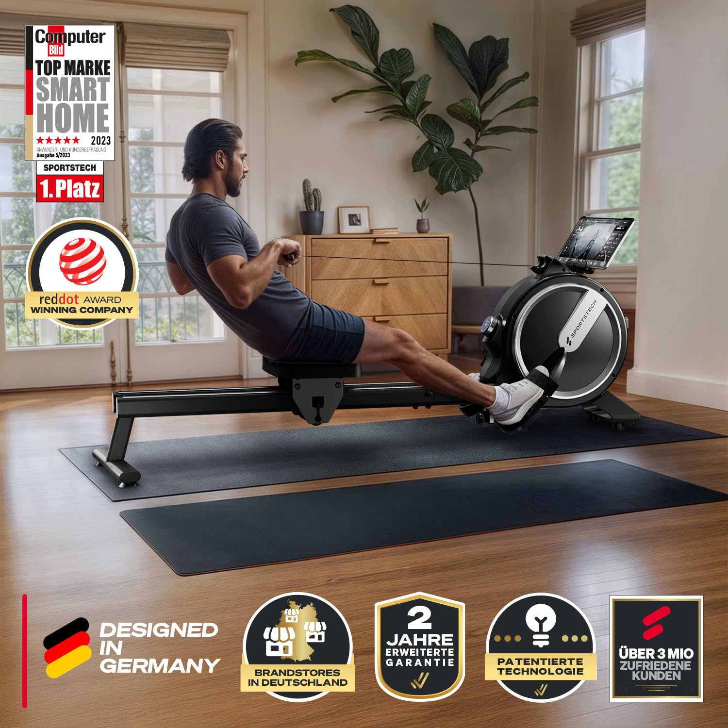 Sportstech PROwer Rudergerät für Zuhause, 32 Stufen Magnetwiderstand, LED Display, Dual Slide Rail, Bluetooth App kompatibel, leise, Ganzkörpertraining, Tablethalterung, vertikal verstaubar
