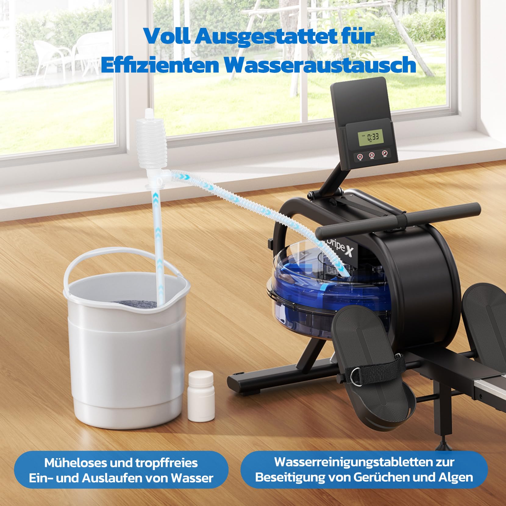 Dripex Rudergerät für Zuhause, Wasserrudergerät Gewichtskapazität 150 KG, Unterstützt Bluetooth-App, LCD-Monitor und Tablet-Halterung für Ganzkörpertraining