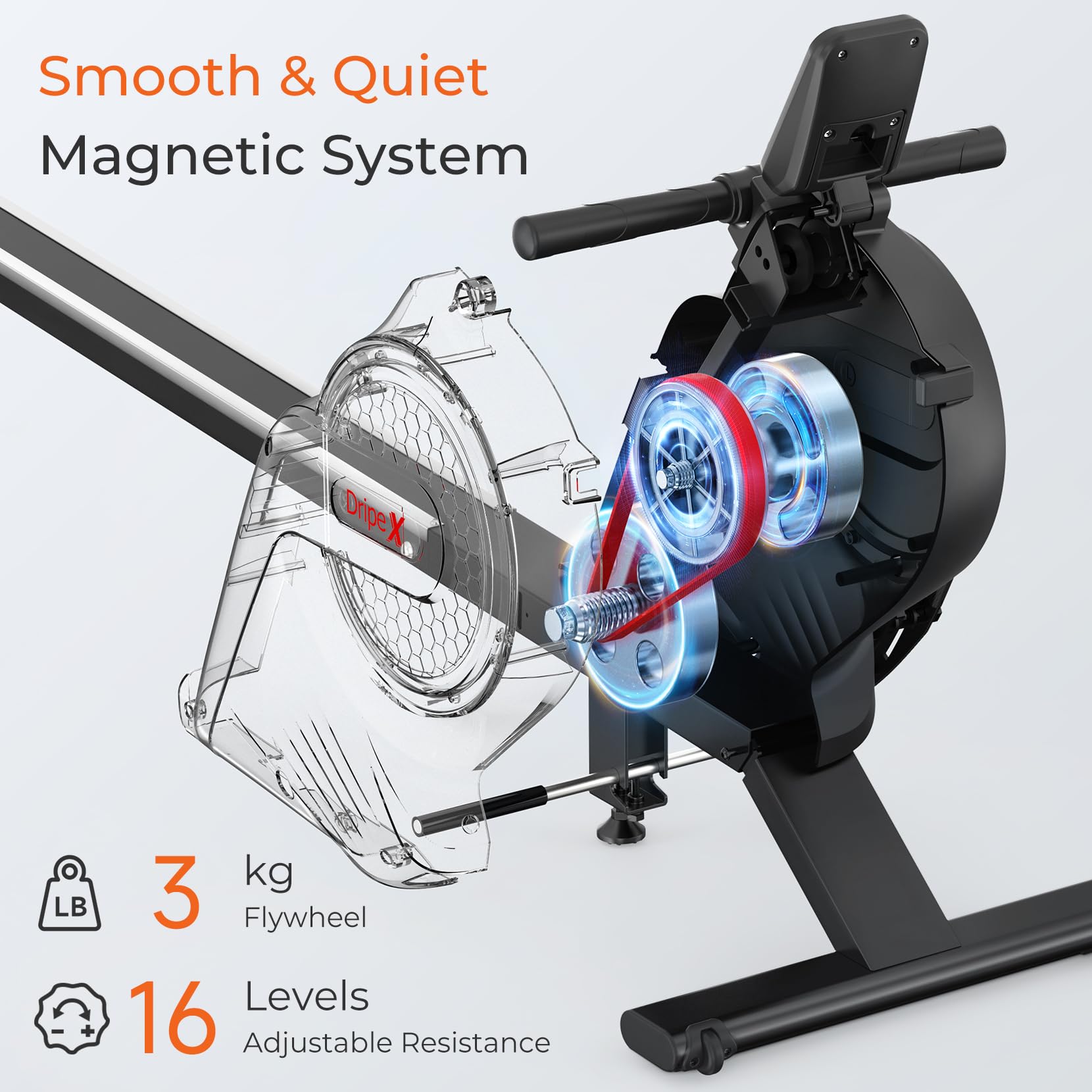 Dripex Magnetisches Rudergerät mit Aluminium-Gleitschiene, 16 Stufen einstellbarem Widerstand, maximale Gewichtskapazität von 265 Pfund für das Heim-Fitnessstudio, App/LCD-Monitor (Bluetooth)