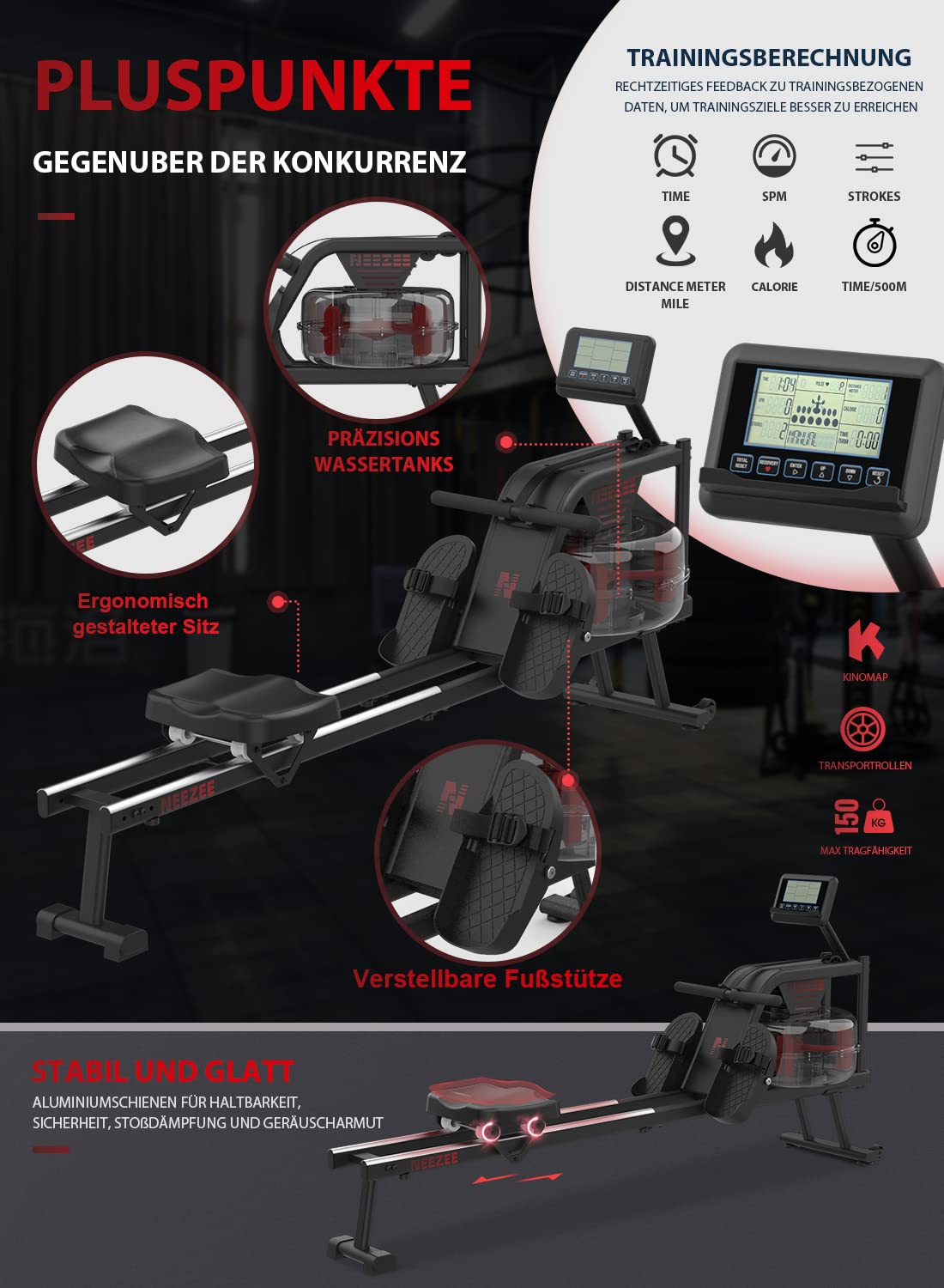 Neezee Rudergerät, Rudergerät für zuhause mit Aluminium Schiene, Rudergerät Wasser mit Tabletständer, Wasserwiderstand und LCD Display Rudermaschine, Gray-Black