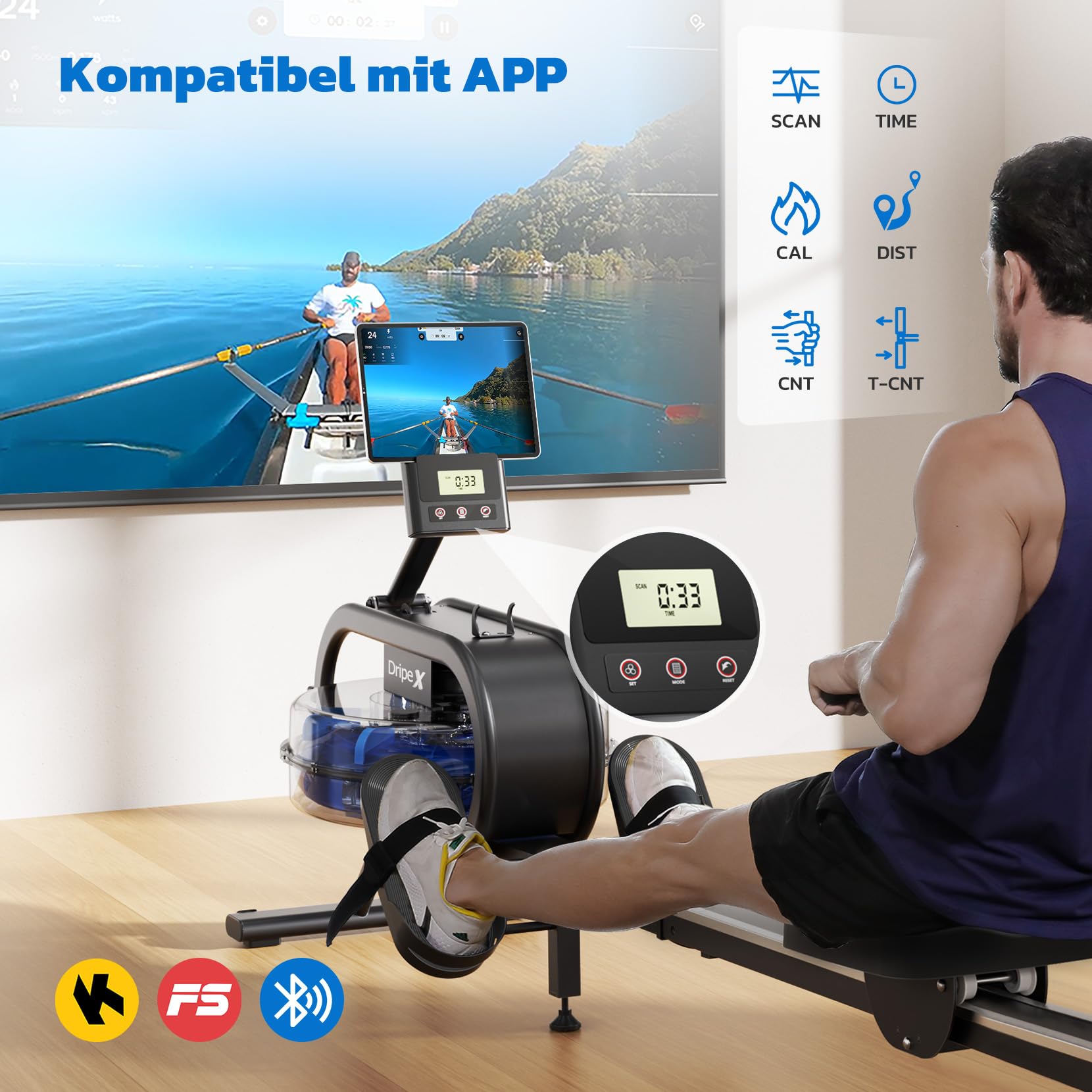 Dripex Rudergerät für Zuhause, Wasserrudergerät Gewichtskapazität 150 KG, Unterstützt Bluetooth-App, LCD-Monitor und Tablet-Halterung für Ganzkörpertraining