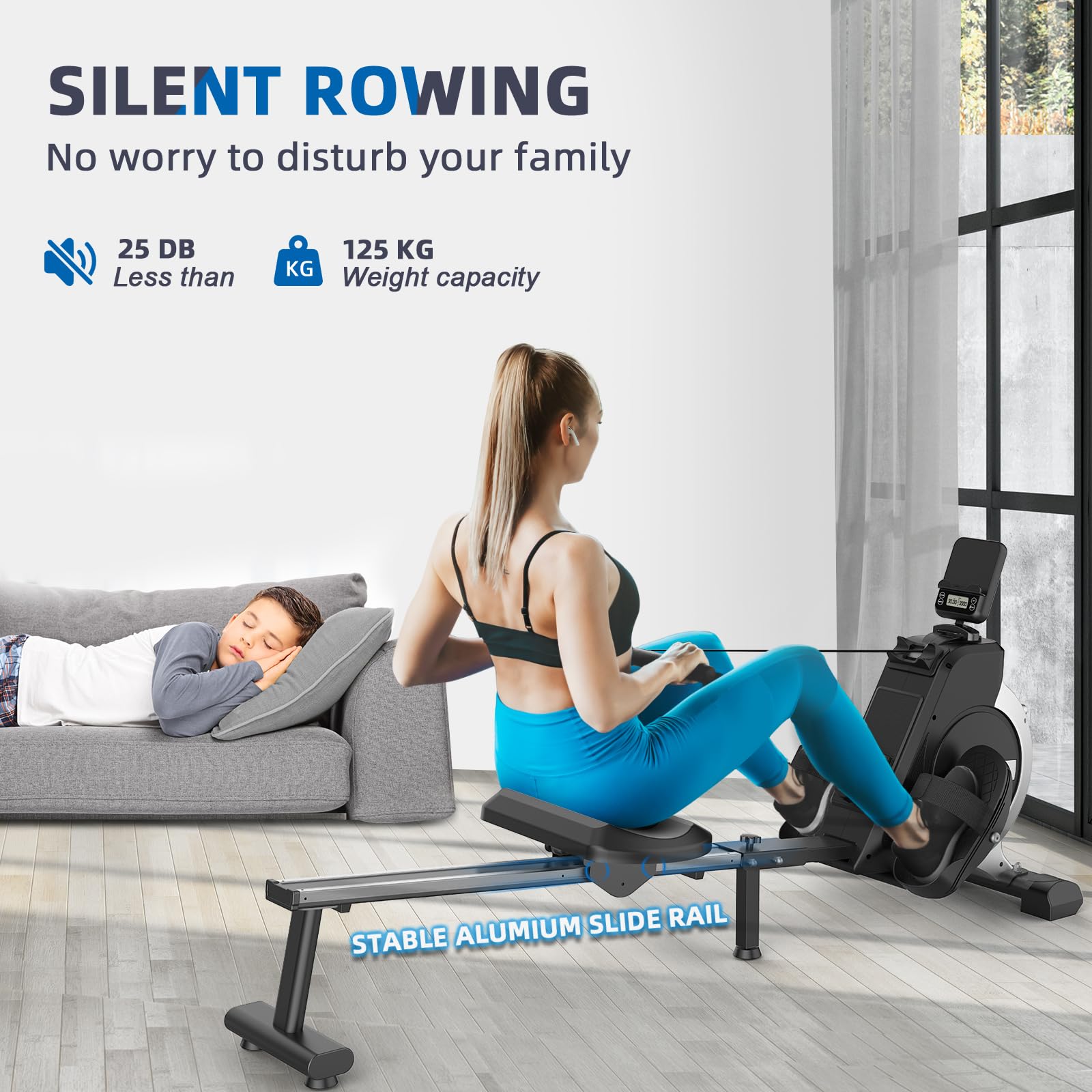Neezee Rudergerät für zuhause, Super Silent Rudergerät mit 16-stufigem Magnetwiderstand, LCD-Display, Gleitschiene aus Aluminium, Vertikale Lagerung, Transporträder für Einfache Bewegung