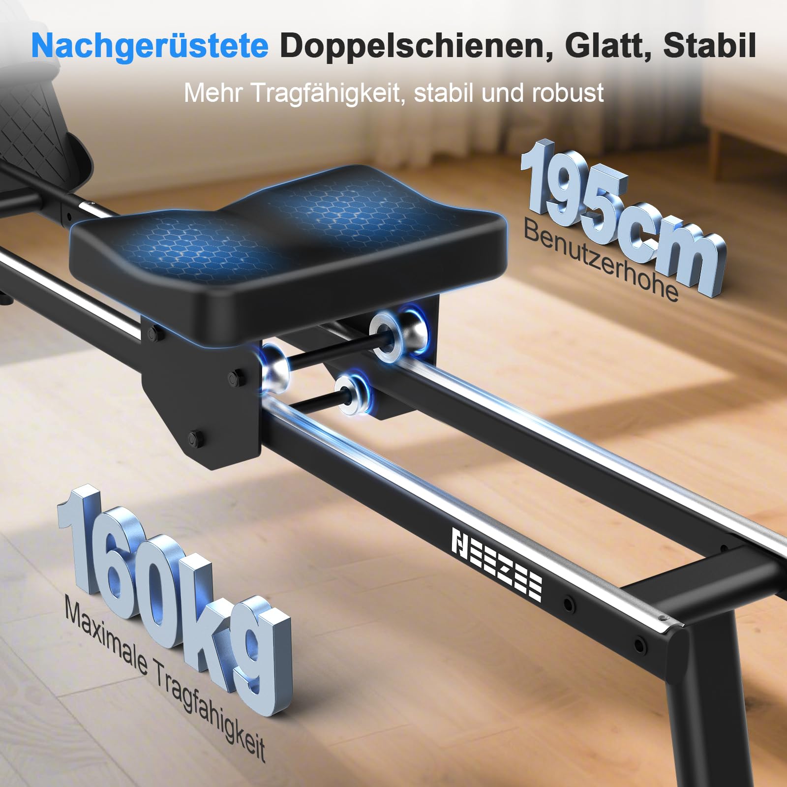 Neezee Rudergerät Wasser, Rudergerät für zuhause mit Professioneller LCD Monitor und Tablet Halterung, Wasserrudergerät mit Kinomap APP immersives Rudererlebnis, Max 160kg Belastbar