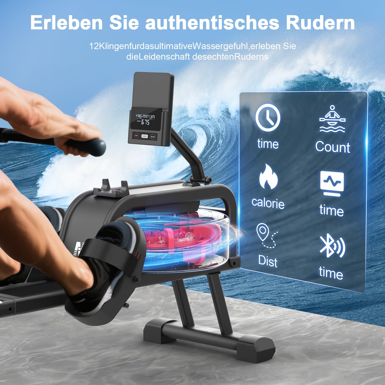 Neezee Rudergerät Wasser, Rudergerät für zuhause mit Professioneller LCD Monitor und Tablet Halterung, Wasserrudergerät mit Kinomap APP immersives Rudererlebnis, Max 160kg Belastbar