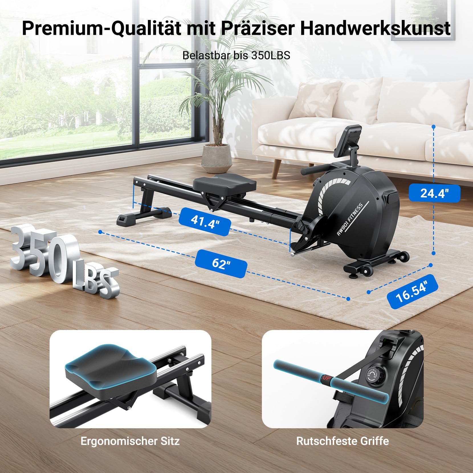 Dripex Magnetisches Rudergerät für Zuhause mit 16 Widerstandsstufen, Rudergerät für Zuhause mit LCD-Monitor & 158 kg Belastbar, Bluetooth-App Kompatibel, Perfekt für Ganzkörpermuskeltraining
