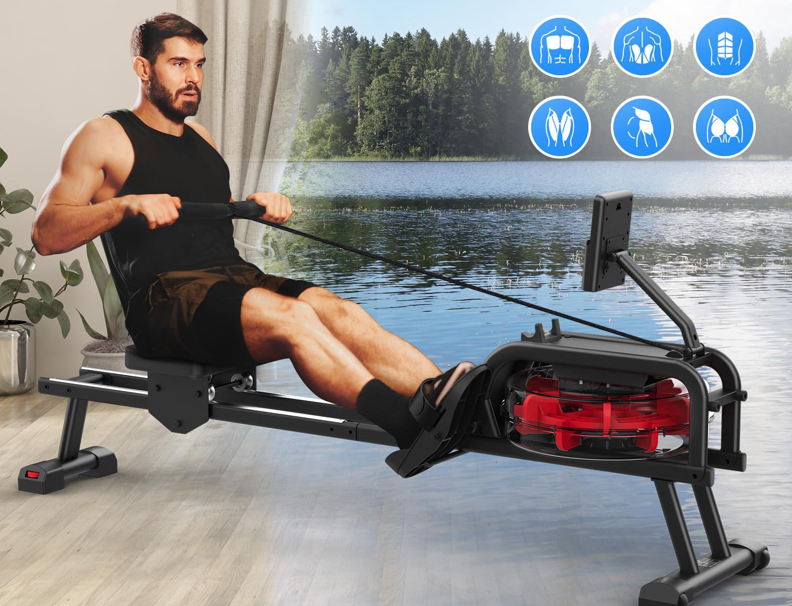 Neezee Rudergerät Wasser, Rudergerät für zuhause mit Professioneller LCD Monitor und Tablet Halterung, Wasserrudergerät mit Kinomap APP immersives Rudererlebnis, Max 160kg Belastbar