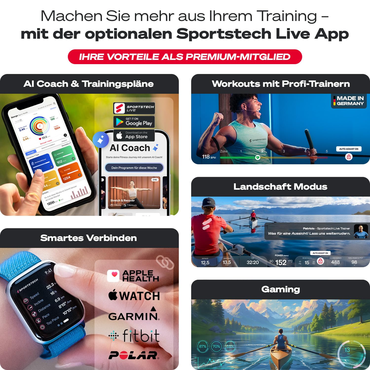 Sportstech PROwer Rudergerät für Zuhause, 32 Stufen Magnetwiderstand, LED Display, Dual Slide Rail, Bluetooth App kompatibel, leise, Ganzkörpertraining, Tablethalterung, vertikal verstaubar