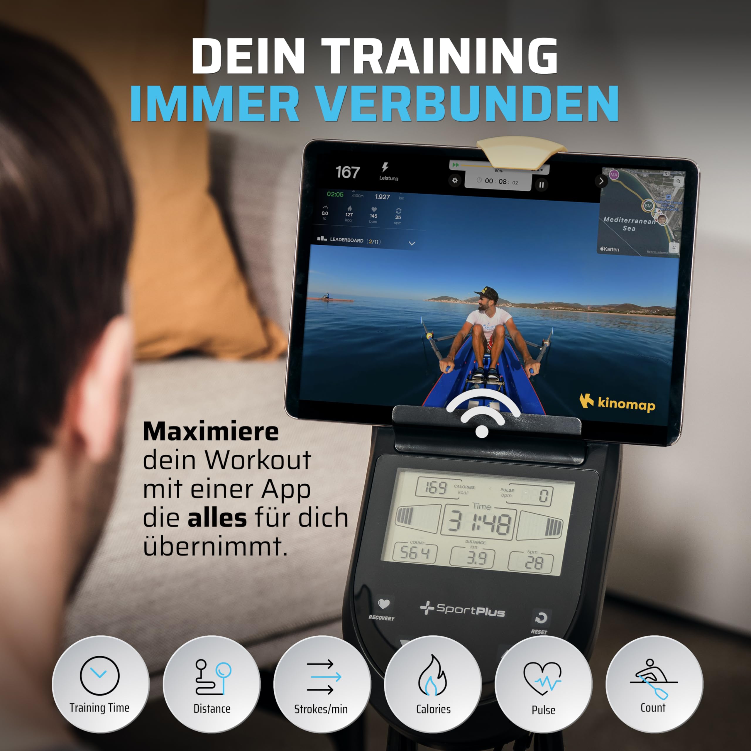 Rudergerät für zuhause klappbar - SportPlus Rudergerät klappbar extra leiser Magnetwiderstand - Rudermaschine für zuhause Kinomap - Rudergeräte Magnetwiderstand Trainingscomputer App Rowing Machine