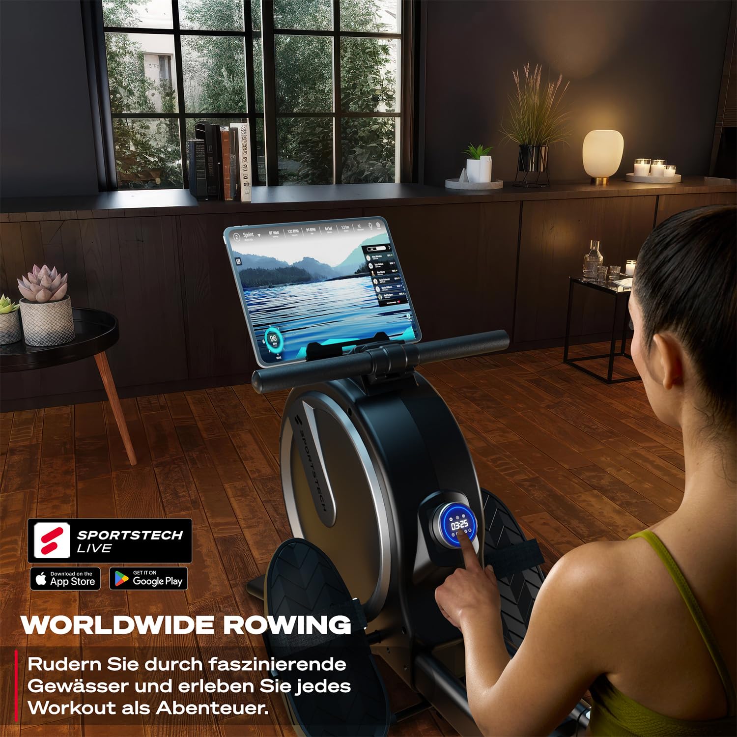 Sportstech PROwer Rudergerät für Zuhause, 32 Stufen Magnetwiderstand, LED Display, Dual Slide Rail, Bluetooth App kompatibel, leise, Ganzkörpertraining, Tablethalterung, vertikal verstaubar