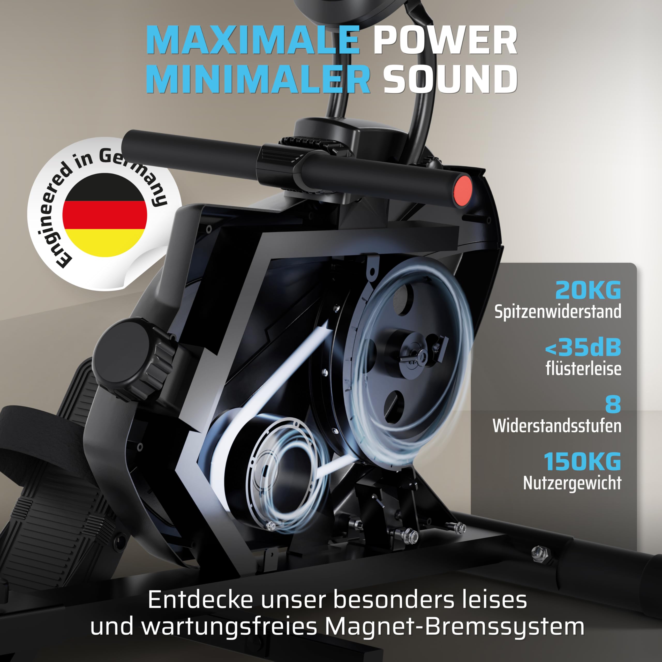 SportPlus Rudergerät für zuhause klappbar - extra leises Magnetbremssystem, Heimtrainer Rudergerät klappbar - Indoor Rudermaschine Fitness - Home Gym Fitness - Rudergerät bis 150kg
