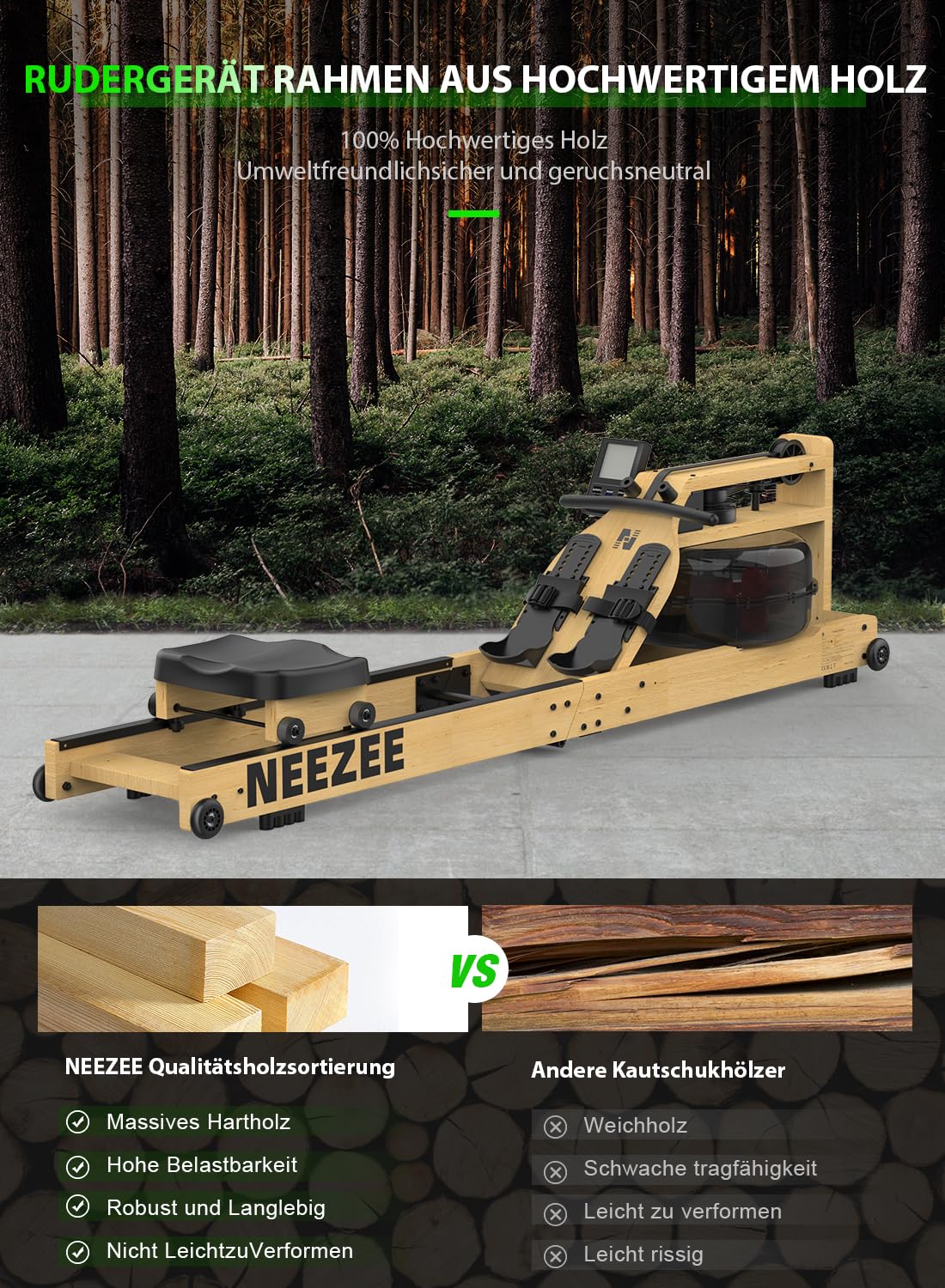 Neezee Rudergerät für Zuhause, Klappbar Rudergerät Wasser aus Massivholz mit Bluetooth-Monitor und Tablet-Halterung, Max 200kg Belastbar, Platzsparend