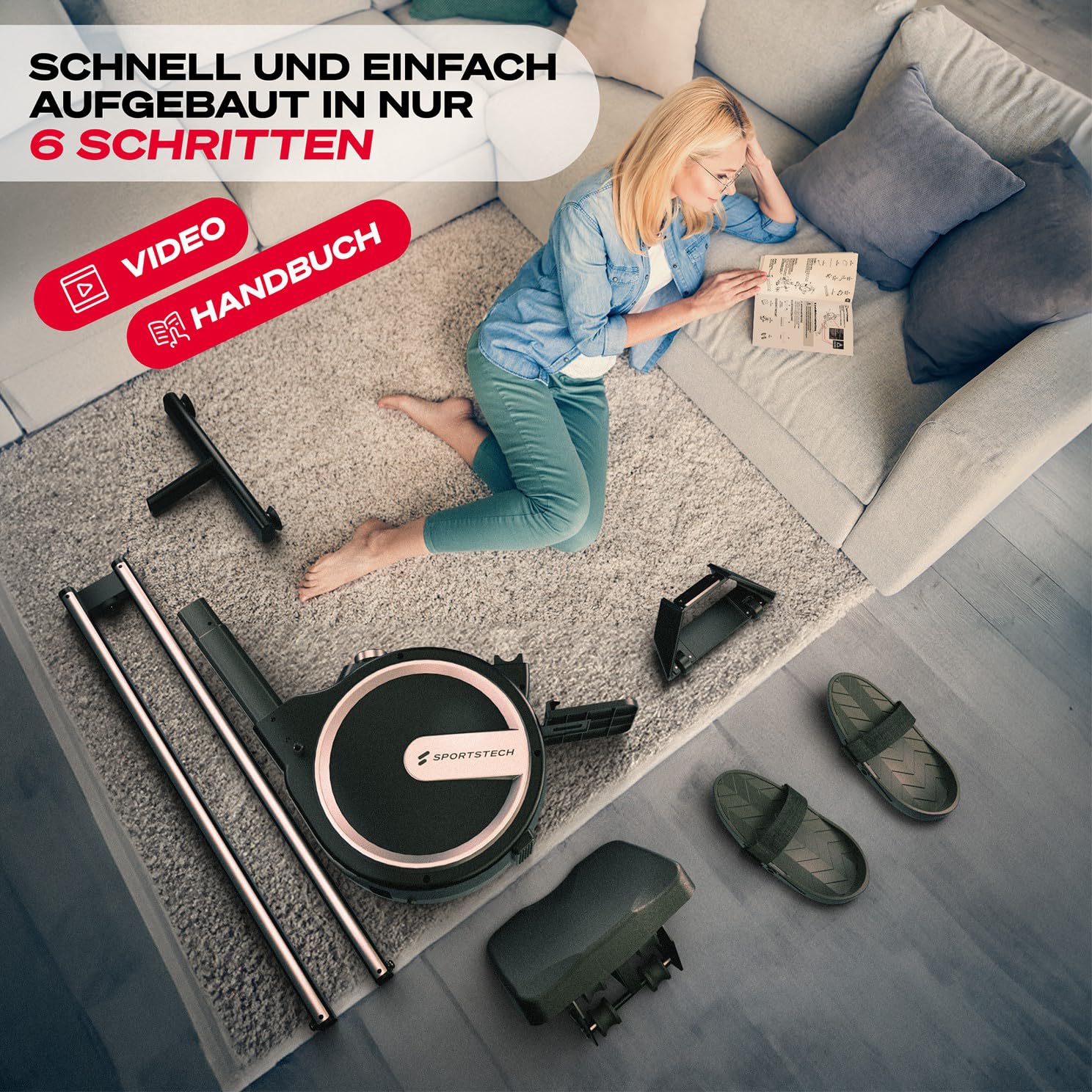 Sportstech PROwer Rudergerät für Zuhause, 32 Stufen Magnetwiderstand, LED Display, Dual Slide Rail, Bluetooth App kompatibel, leise, Ganzkörpertraining, Tablethalterung, vertikal verstaubar