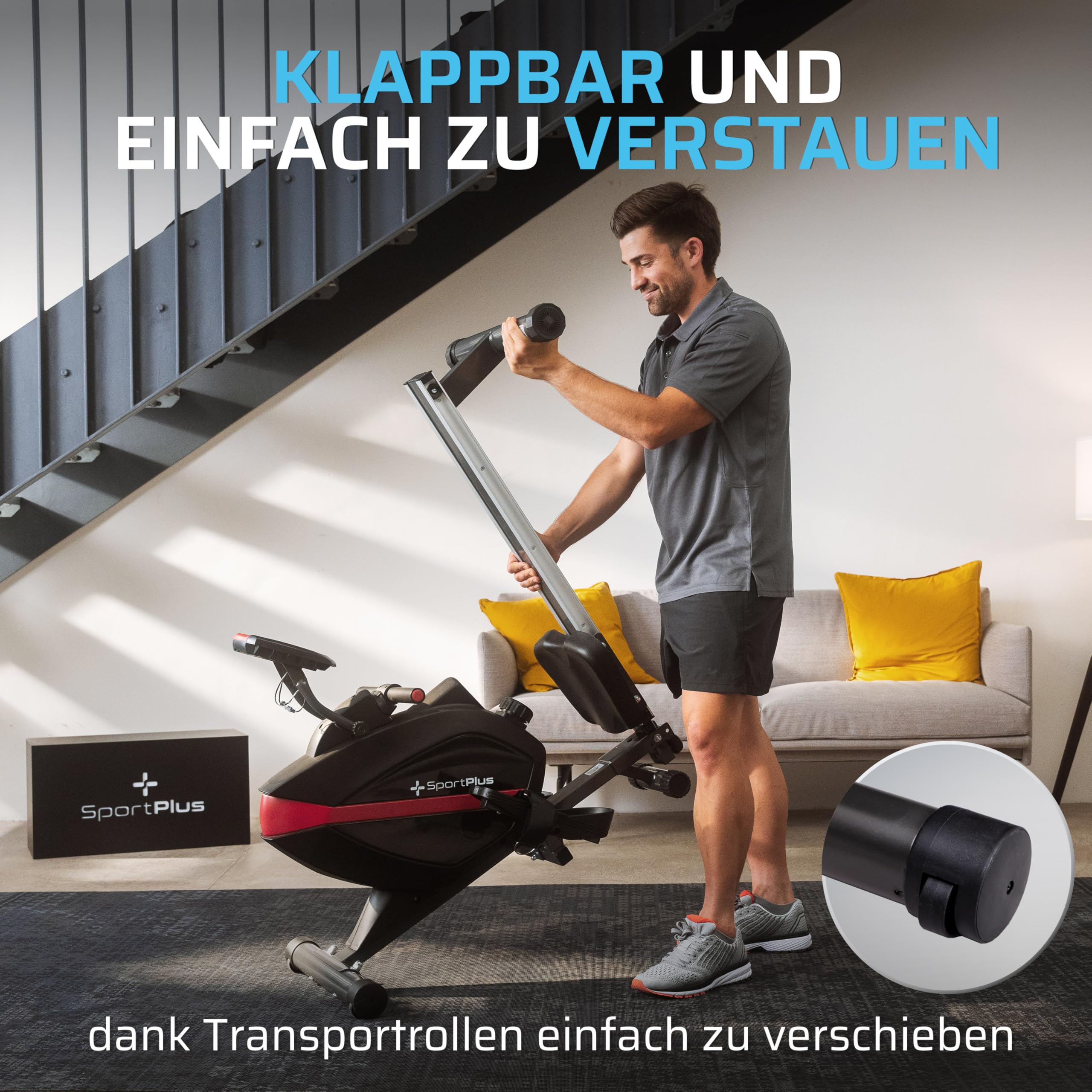 SportPlus Rudergerät für zuhause klappbar - extra leises Magnetbremssystem, Heimtrainer Rudergerät klappbar - Indoor Rudermaschine Fitness - Home Gym Fitness - Rudergerät bis 150kg
