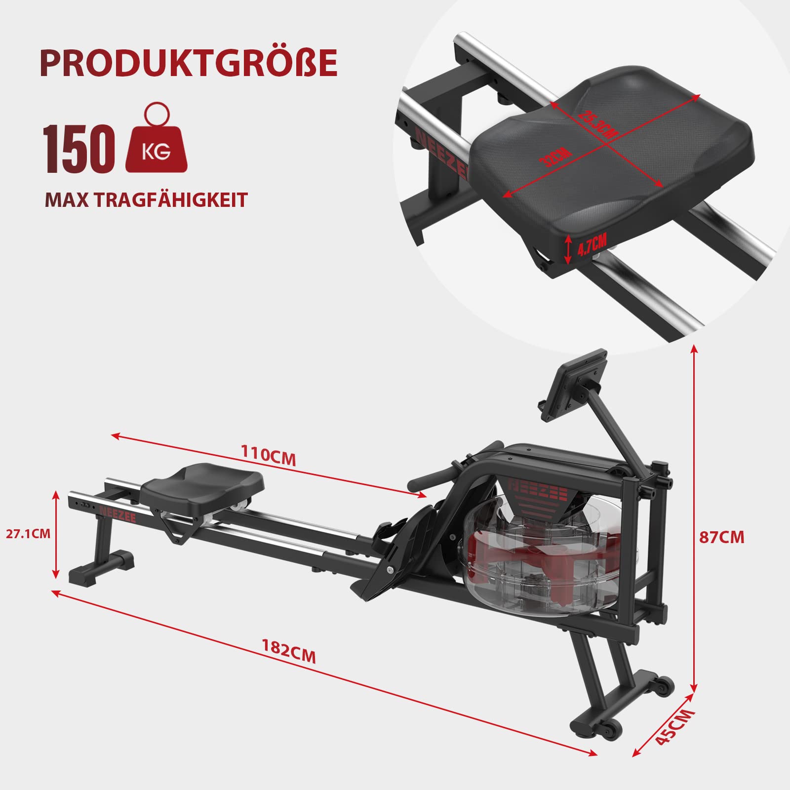 Neezee Rudergerät, Rudergerät für zuhause mit Aluminium Schiene, Rudergerät Wasser mit Tabletständer, Wasserwiderstand und LCD Display Rudermaschine, Gray-Black