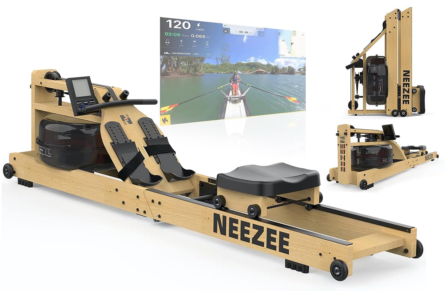 Neezee Rudergerät für Zuhause, Klappbar Rudergerät Wasser aus Massivholz mit Bluetooth-Monitor und Tablet-Halterung, Max 200kg Belastbar, Platzsparend