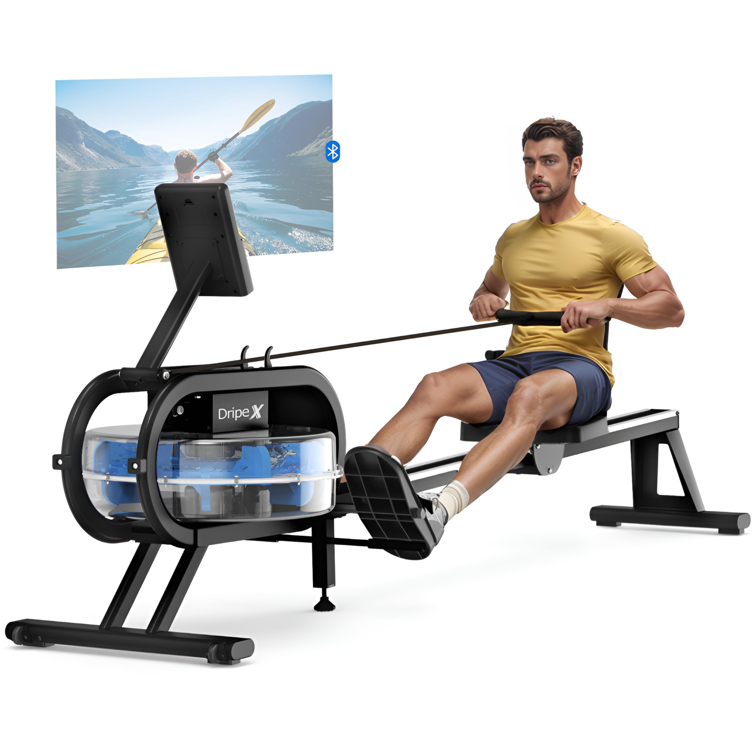 Dripex Rudergerät für Zuhause, Wasserrudergerät Gewichtskapazität 150 KG, Unterstützt Bluetooth-App, LCD-Monitor und Tablet-Halterung für Ganzkörpertraining