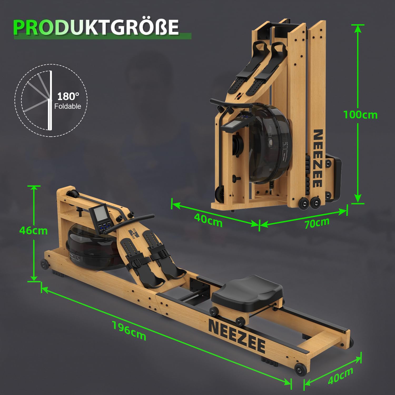 Neezee Rudergerät für Zuhause, Klappbar Rudergerät Wasser aus Massivholz mit Bluetooth-Monitor und Tablet-Halterung, Max 200kg Belastbar, Platzsparend