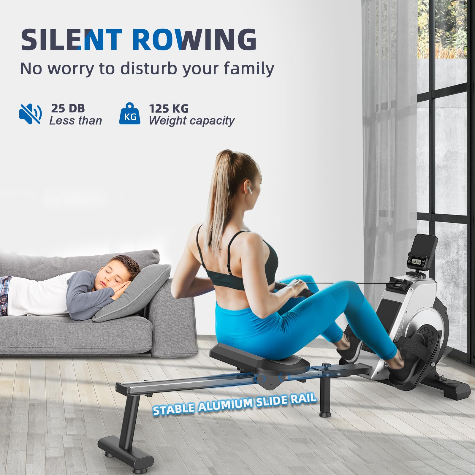 Neezee Rudergerät für zuhause, Super Silent Rudergerät mit 16-stufigem Magnetwiderstand, LCD-Display, Gleitschiene aus Aluminium, Vertikale Lagerung, Transporträder für Einfache Bewegung, Silber