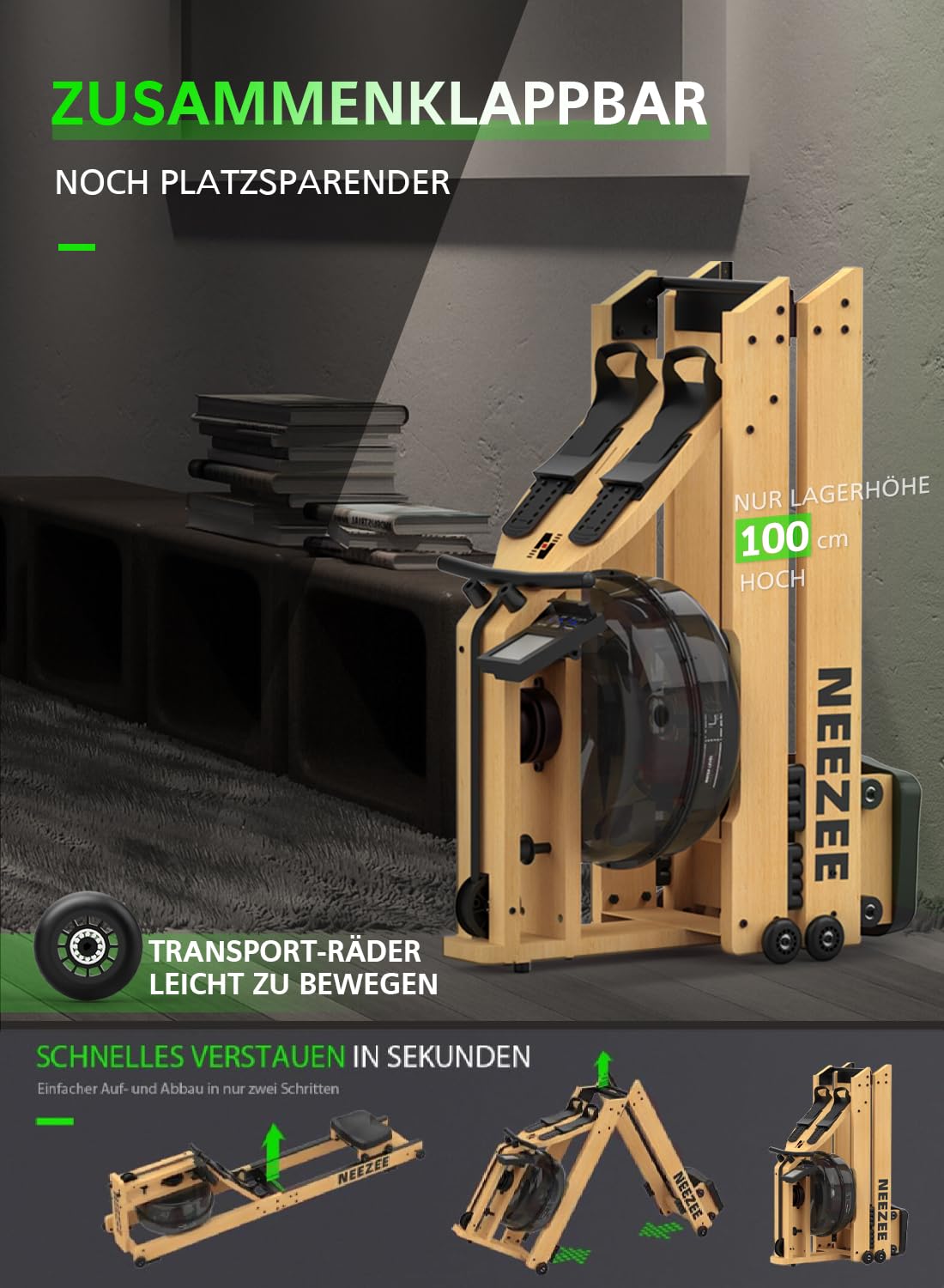 Neezee Rudergerät für Zuhause, Klappbar Rudergerät Wasser aus Massivholz mit Bluetooth-Monitor und Tablet-Halterung, Max 200kg Belastbar, Platzsparend