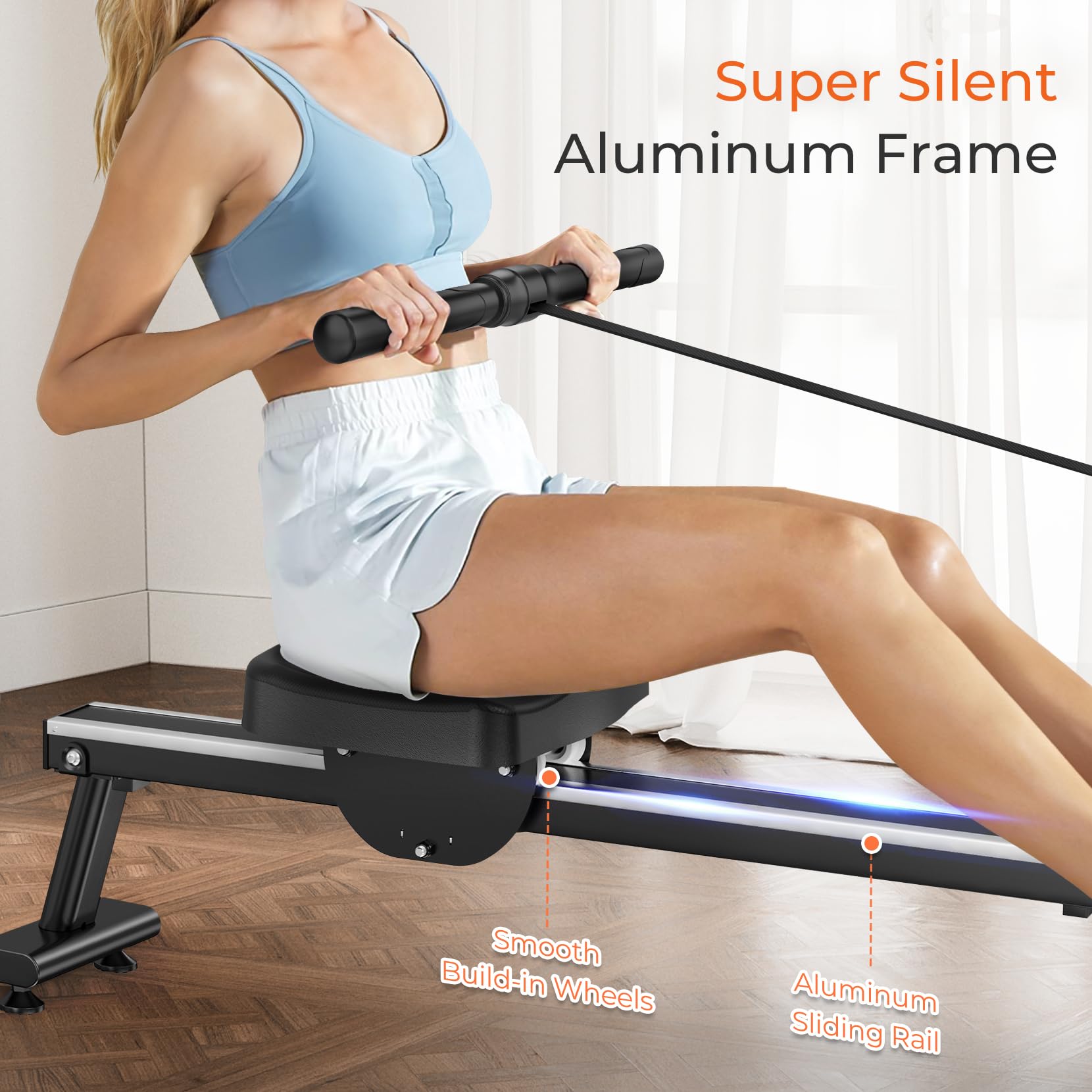 Dripex Magnetisches Rudergerät mit Aluminium-Gleitschiene, 16 Stufen einstellbarem Widerstand, maximale Gewichtskapazität von 265 Pfund für das Heim-Fitnessstudio, App/LCD-Monitor (Bluetooth)