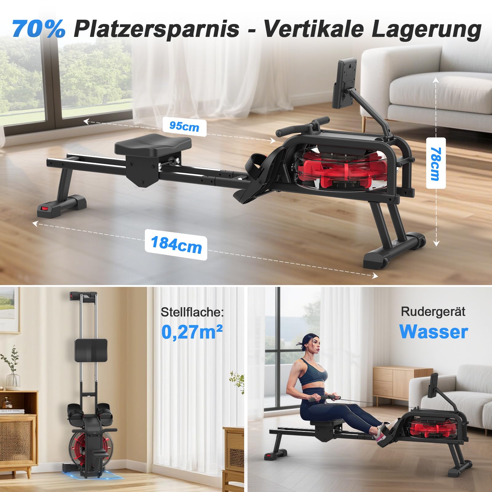 Neezee Rudergerät Wasser, Rudergerät für zuhause mit Professioneller LCD Monitor und Tablet Halterung, Wasserrudergerät mit Kinomap APP immersives Rudererlebnis, Max 160kg Belastbar