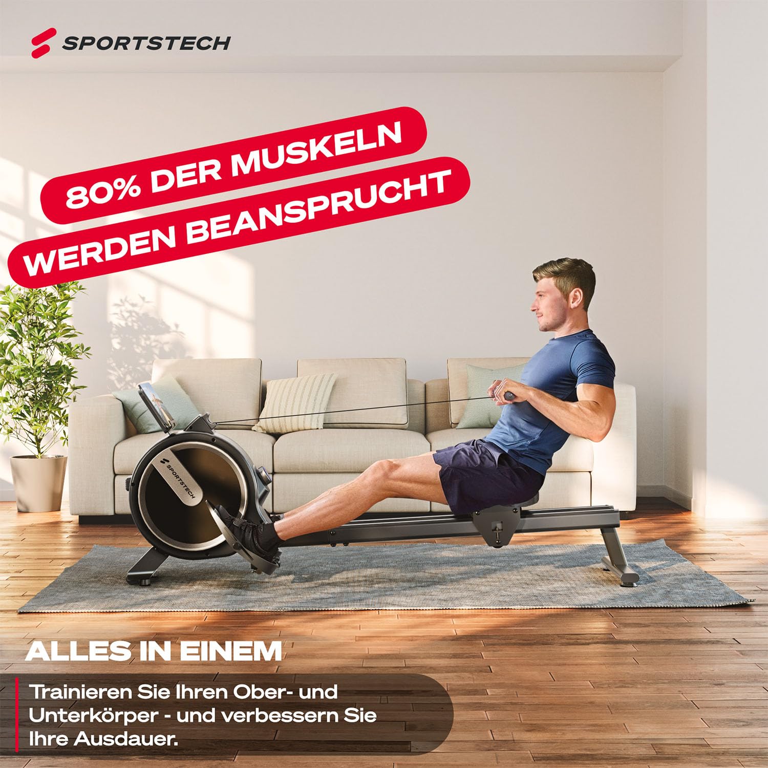 Sportstech PROwer Rudergerät für Zuhause, 32 Stufen Magnetwiderstand, LED Display, Dual Slide Rail, Bluetooth App kompatibel, leise, Ganzkörpertraining, Tablethalterung, vertikal verstaubar