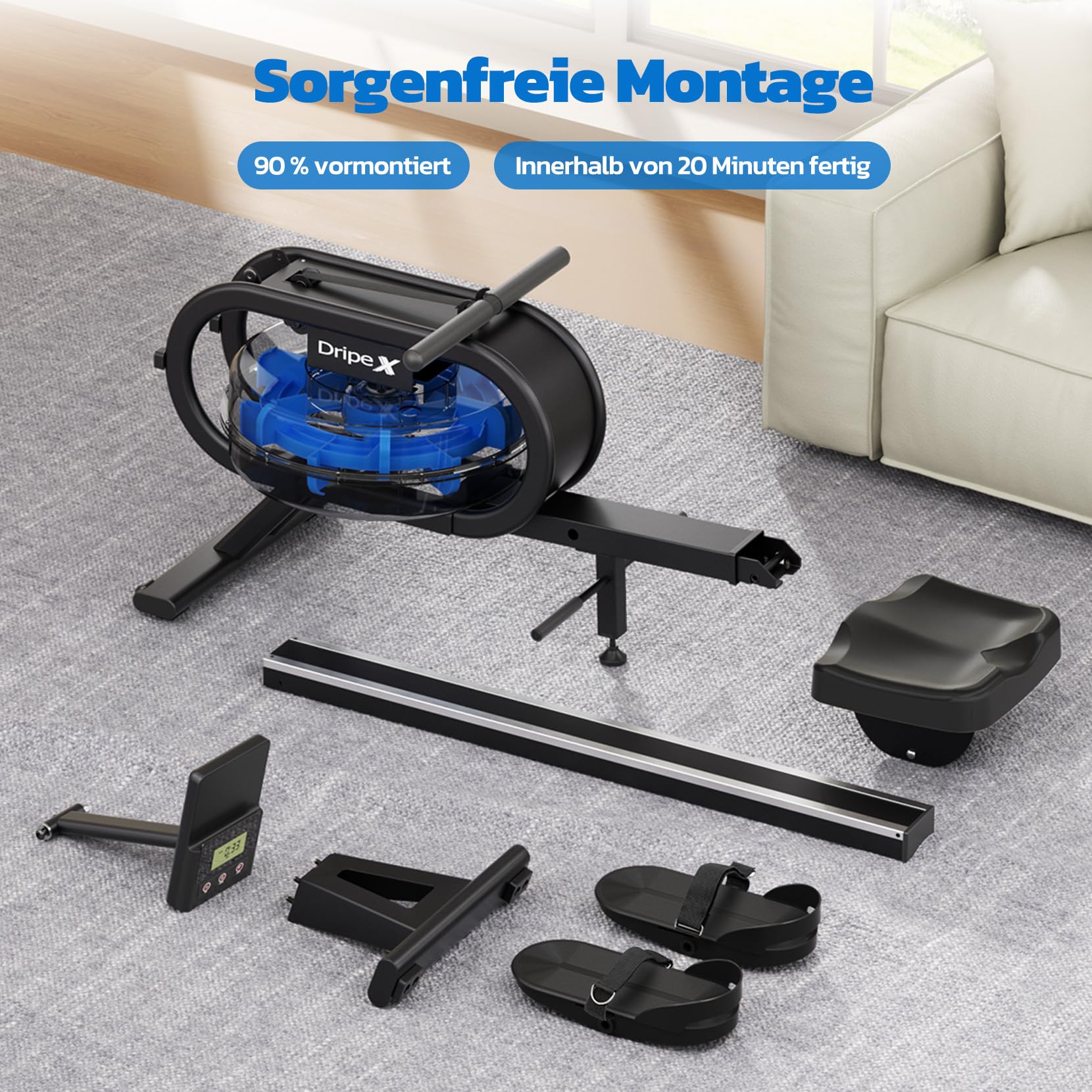 Dripex Rudergerät für Zuhause, Wasserrudergerät Gewichtskapazität 150 KG, Unterstützt Bluetooth-App, LCD-Monitor und Tablet-Halterung für Ganzkörpertraining