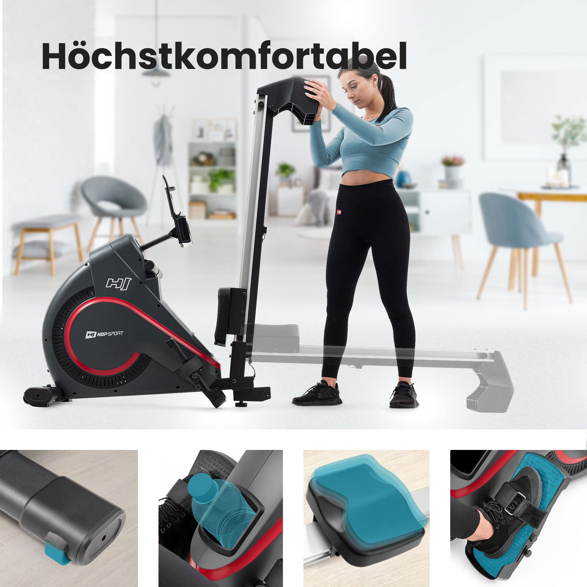 Hop-Sport HS-095R Rudergerät klappbar für zuhause – Rudermaschine mit Magnetwiderstand, LCD-Display, 12 Programmen, Wettkampfmodus und WATT-Funktion, bis 150kg